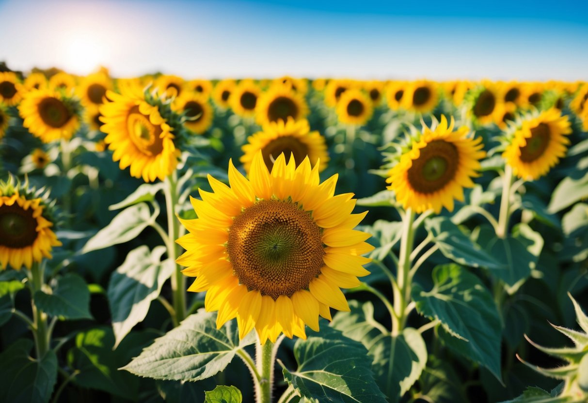 A field of vibrant sunflowers stretching towards the sun, with a mix of fully bloomed and budding flowers, surrounded by green foliage and clear blue skies