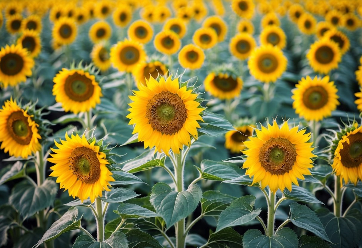 A field of sunflowers with various insects and animals surrounding them, showcasing the biodiversity that they attract