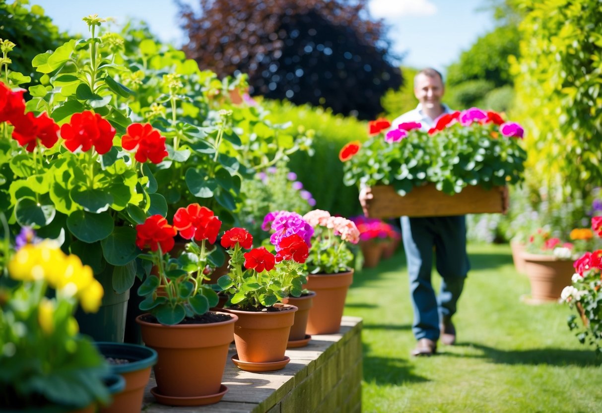 Bright, sunny day in a UK garden. Lush greenery and colorful geranium and pelargonium plants in pots. A gardener carrying the plants outside