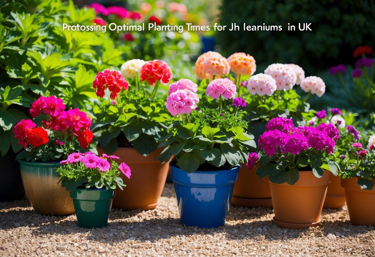 A sunny garden with a variety of potted geraniums, surrounded by lush green foliage and blooming flowers, indicating the optimal planting times for geraniums in the UK