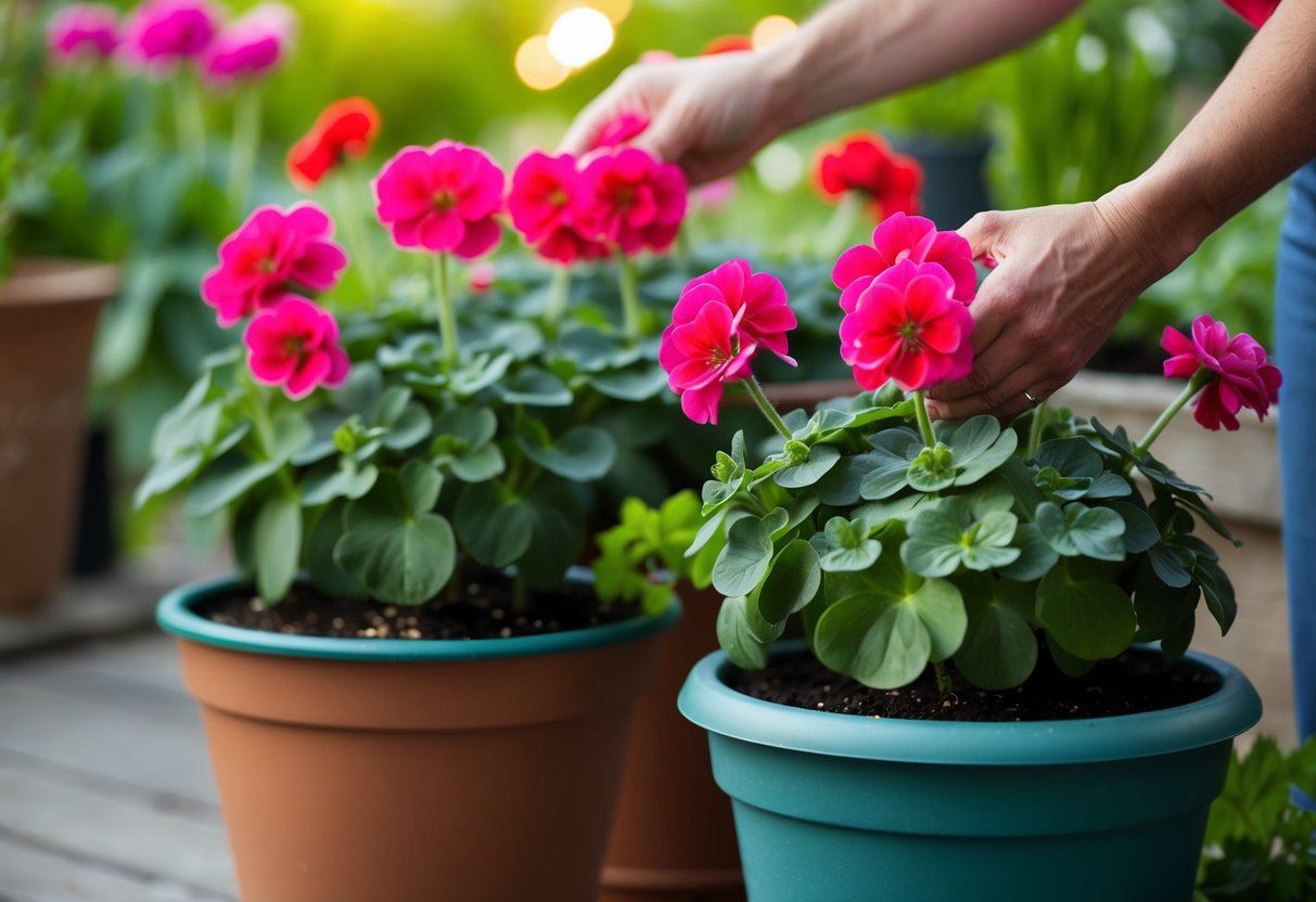 Geraniums being moved from indoor pots to outdoor planters in a garden setting