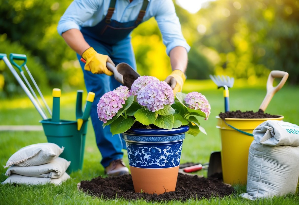 A gardener planting hydrangeas in a decorative pot, surrounded by gardening tools and bags of soil