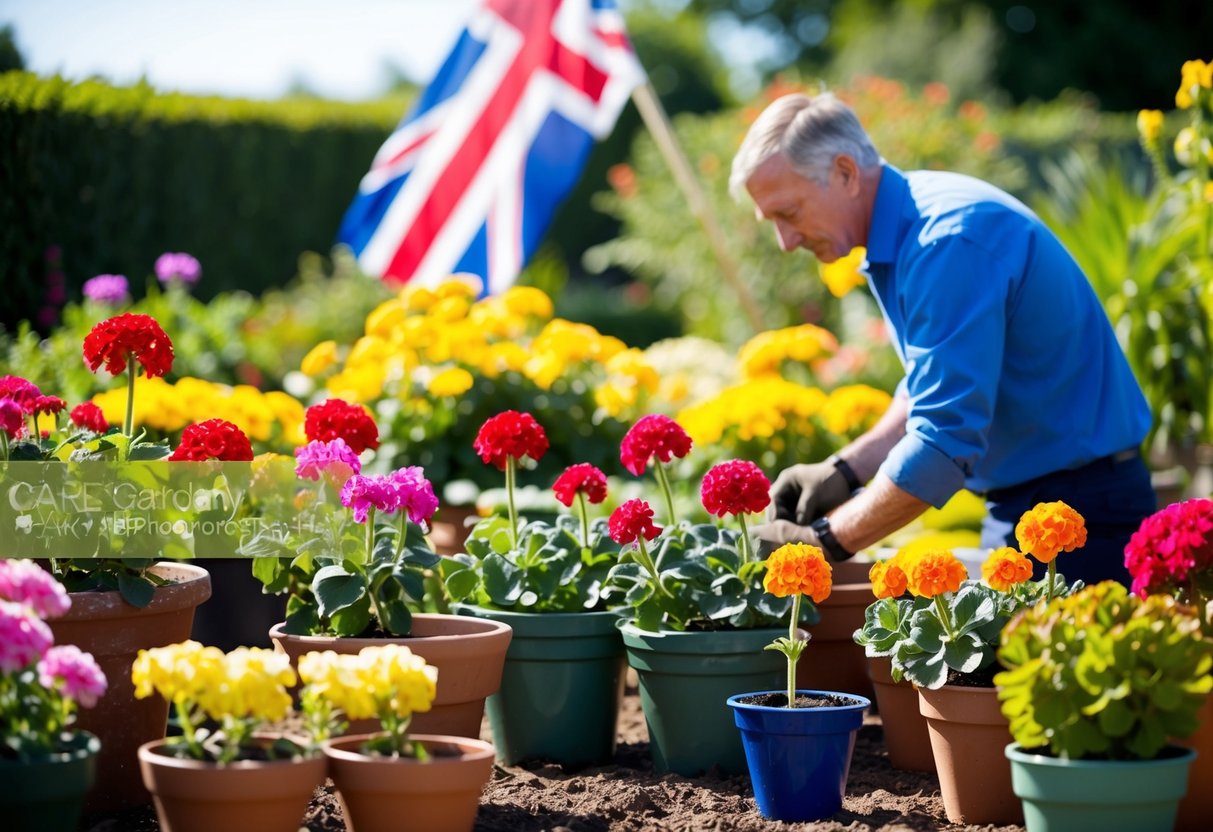 A sunny garden with a variety of potted geraniums being carefully planted and maintained by a gardener. The UK flag is visible in the background