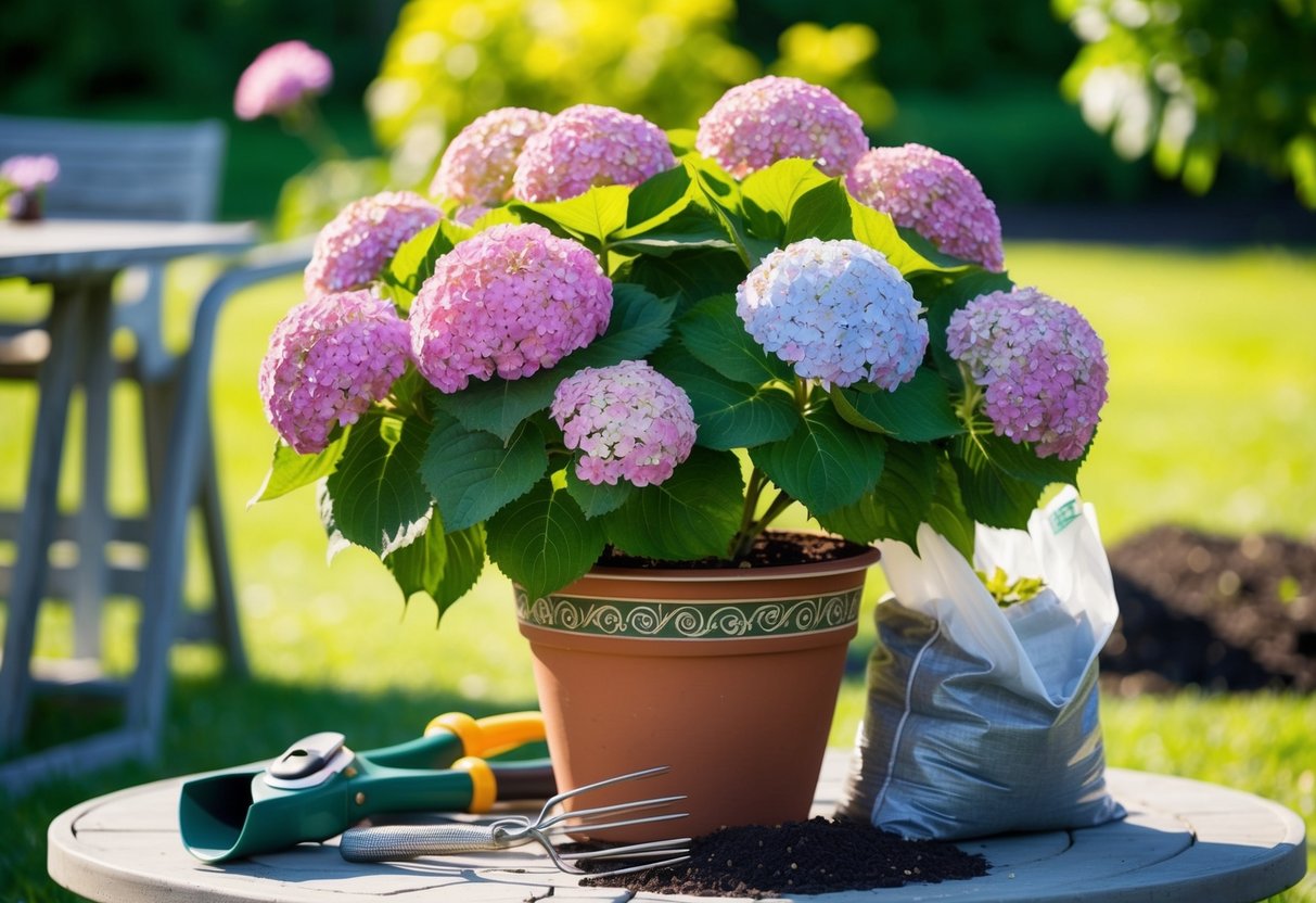 A lush hydrangea plant thrives in a decorative pot, surrounded by gardening tools and a bag of soil, with a sunny outdoor setting in the background