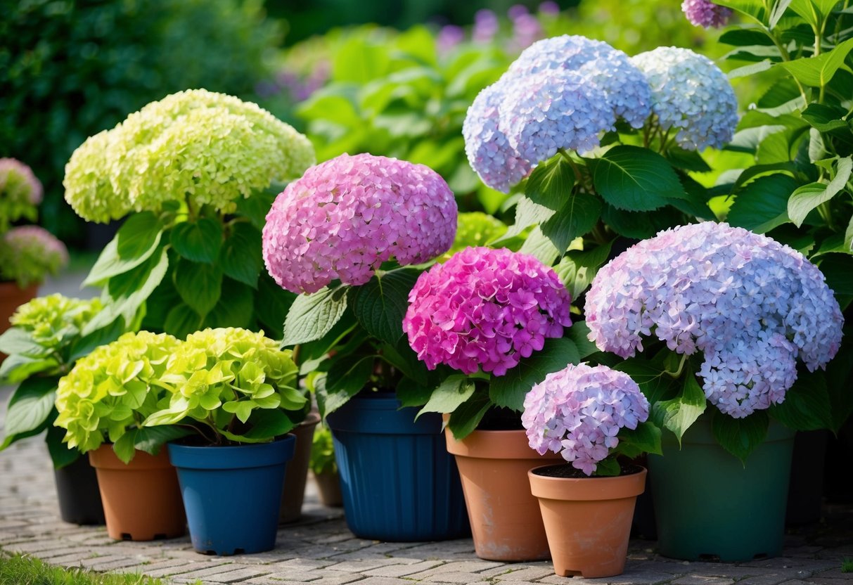 A variety of hydrangeas in pots and in the ground, with different colors and sizes, surrounded by lush green foliage