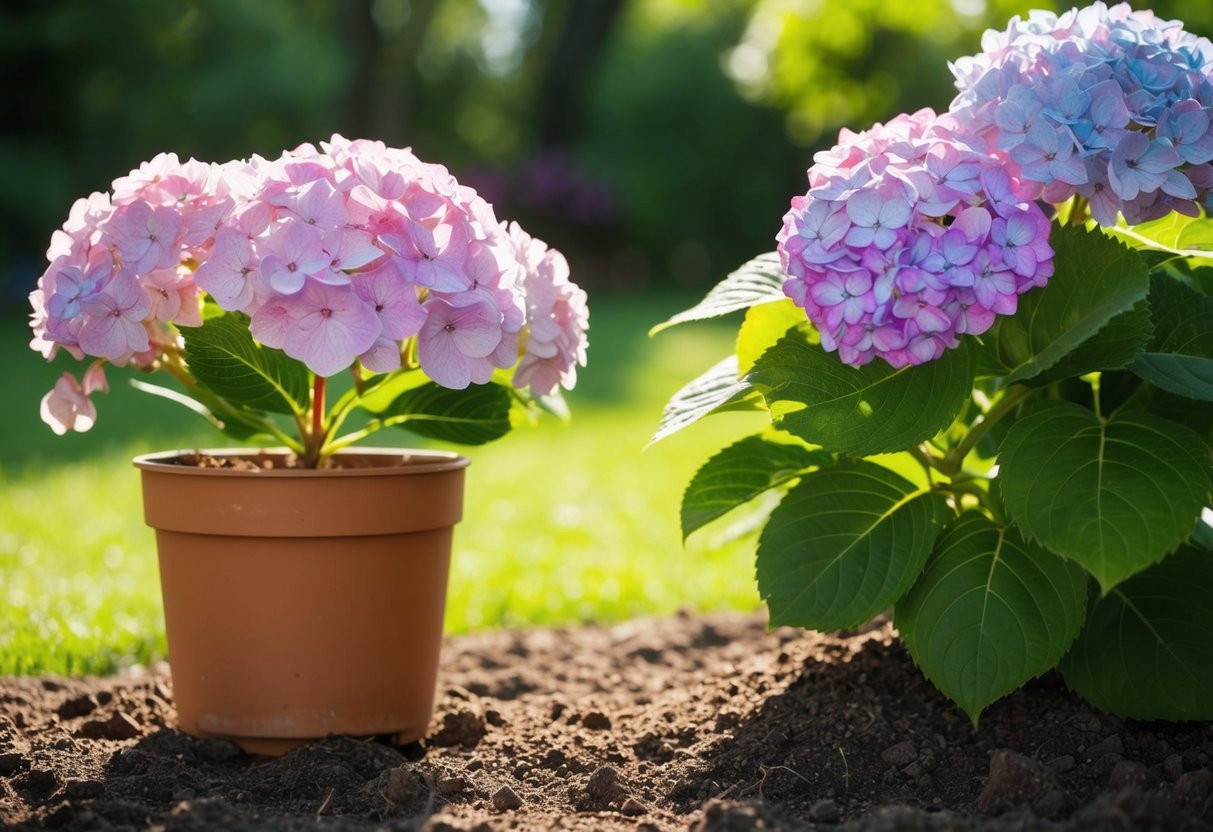 A potted hydrangea struggles to thrive, while a vibrant hydrangea blooms in the ground, surrounded by rich soil and ample sunlight