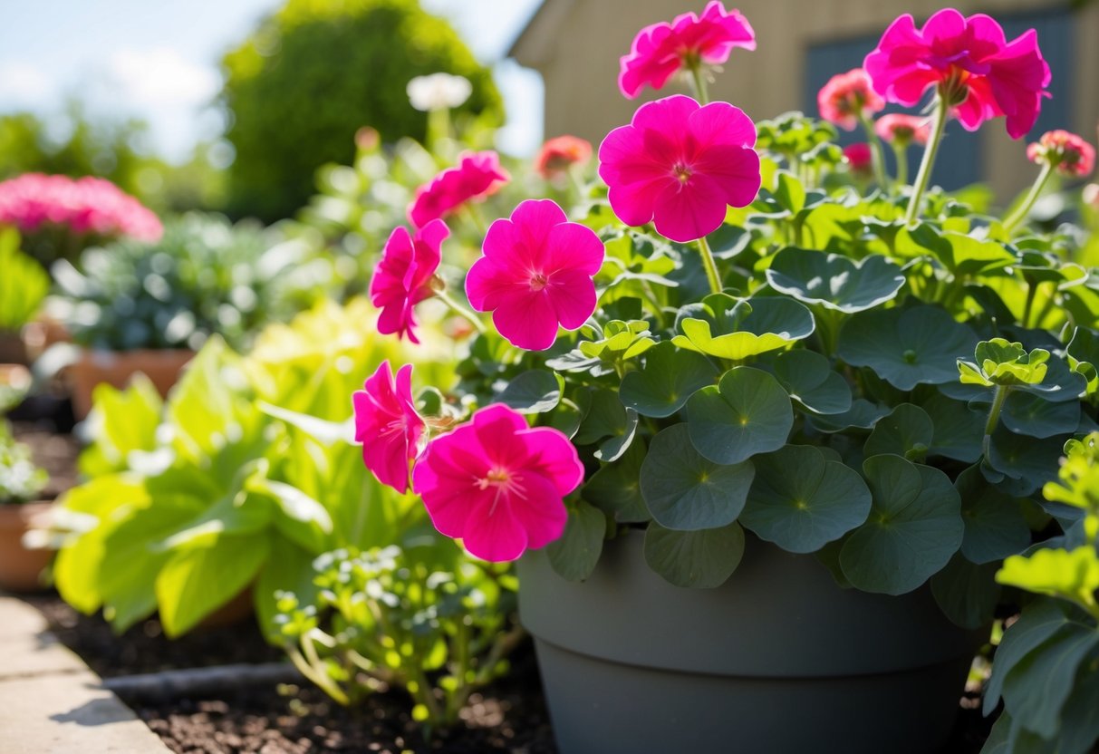 A sunny garden with blooming geraniums, surrounded by healthy plants. No signs of pests or diseases. It's a perfect day to move the geraniums outside in the UK