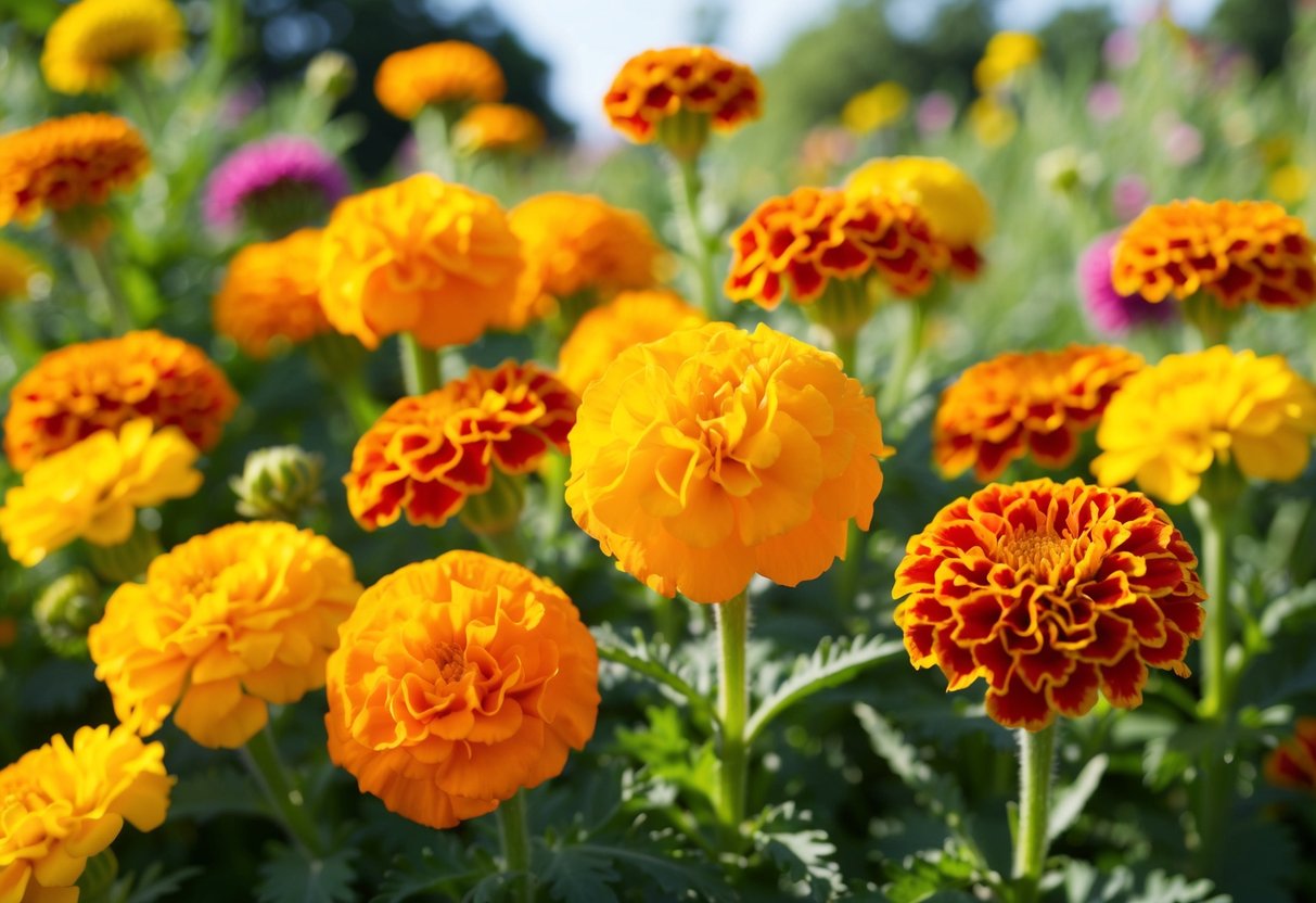 Vibrant marigolds and cheerful zinnias bask in the bright sunlight, their petals glowing in the warmth of a summer day