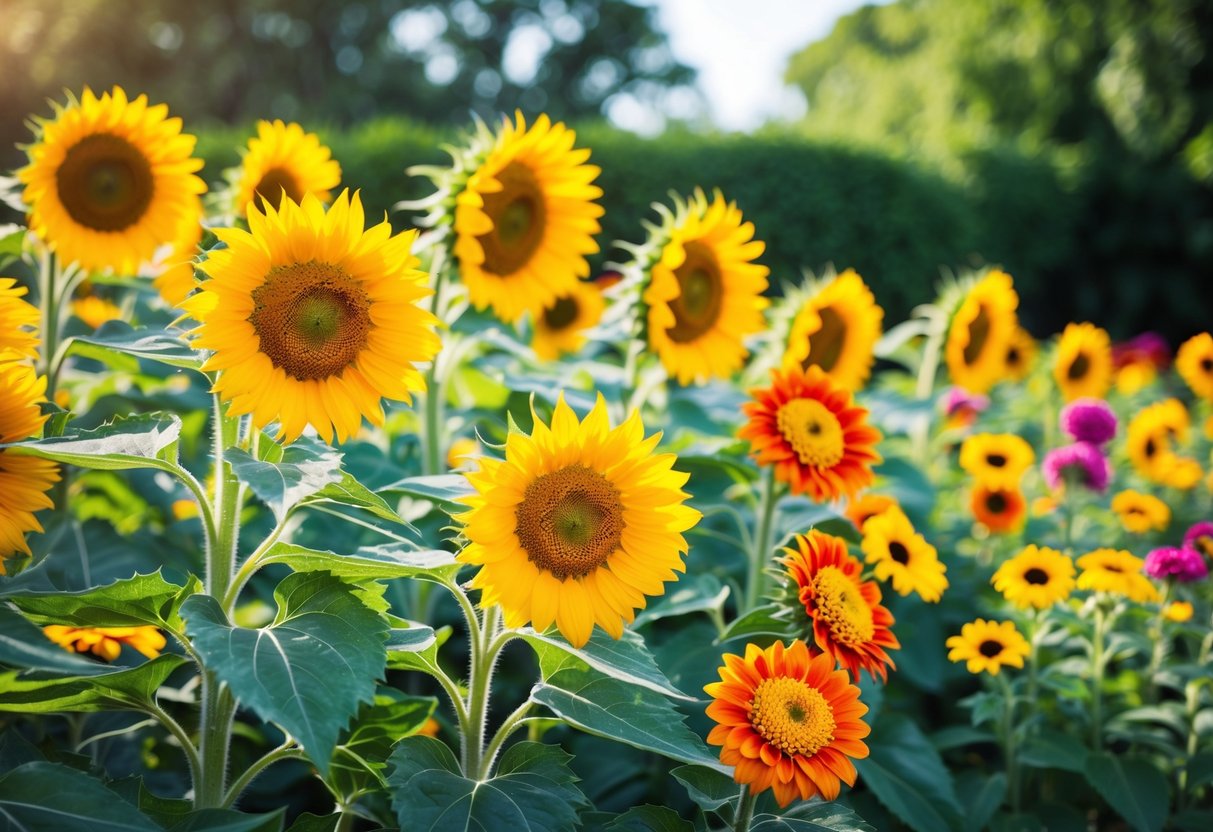 Vibrant sunflowers and colorful zinnias bloom in a sun-drenched garden, surrounded by lush green foliage and basking in the warmth of the summer heat