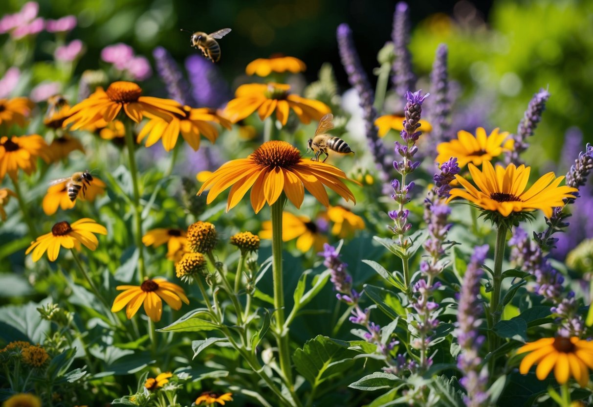 A vibrant garden scene with sun-loving flowers like coneflowers, black-eyed susans, and lavender blooming amidst green foliage. Bees and butterflies flit among the blossoms