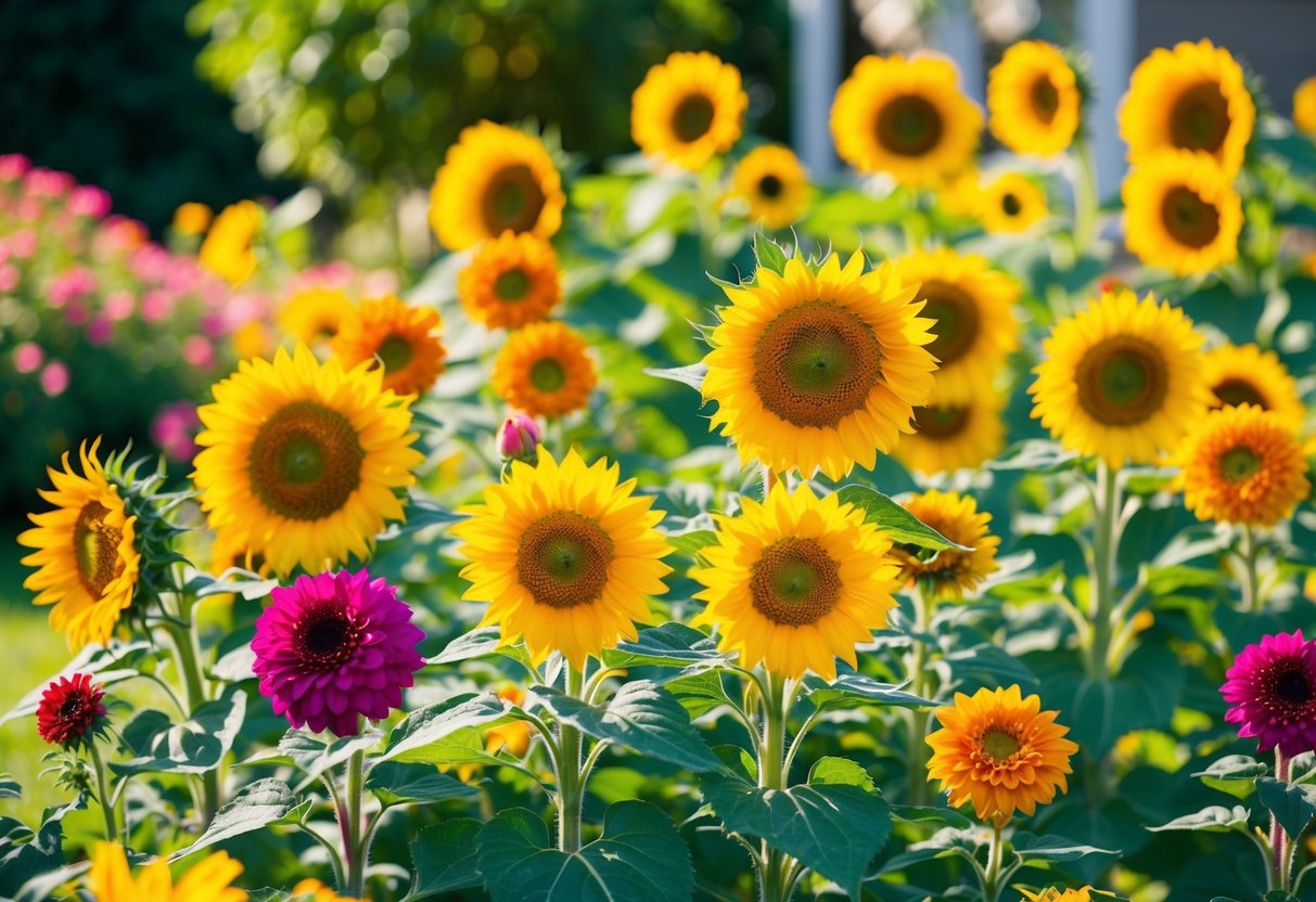 Vibrant sunflowers and colorful zinnias bloom in a bright, sunny garden, surrounded by lush green foliage and basking in the warmth of the sun