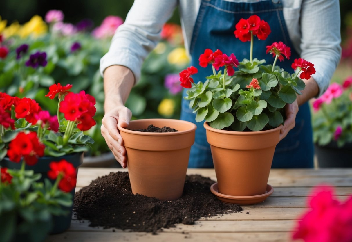 A person selecting a terracotta pot and filling it with well-draining soil for planting geraniums outdoors