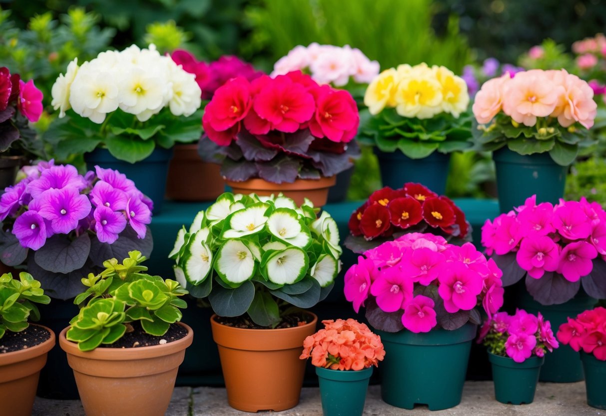 A vibrant display of begonias in various types, some thriving in pots while others flourish in the ground, set against a backdrop of lush greenery