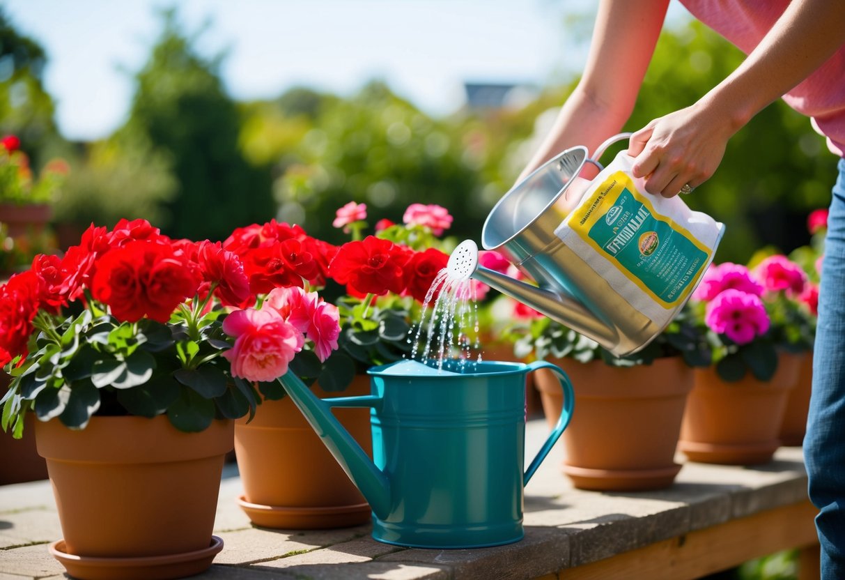 A sunny patio with potted geraniums, a watering can, and a bag of fertilizer. A person gently watering and feeding the vibrant red and pink flowers