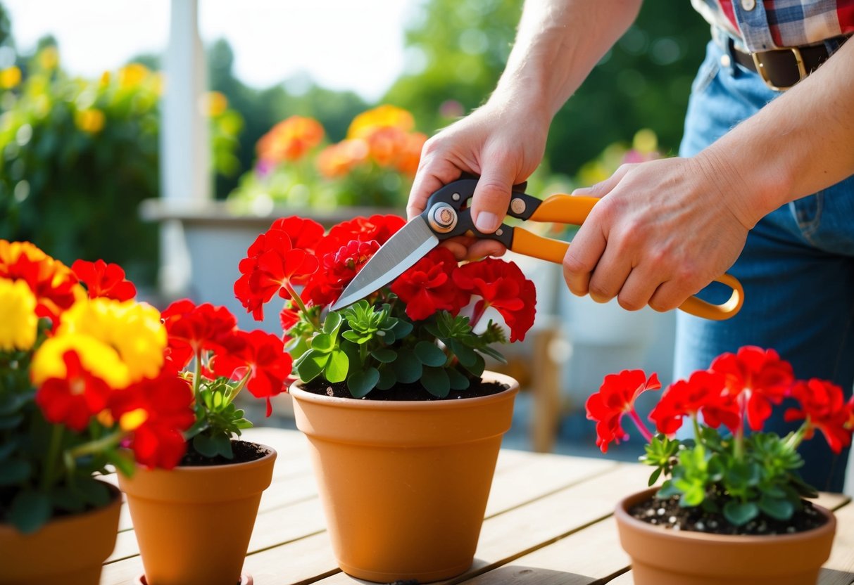 A pair of hands holding pruning shears, carefully trimming and tending to vibrant geraniums in pots on a sunny outdoor patio