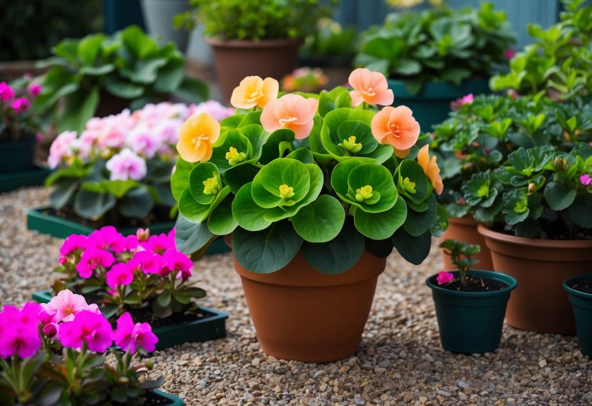 A lush, vibrant begonia plant thrives in a well-maintained pot, surrounded by other potted plants and a small garden bed of begonias flourishing in the ground