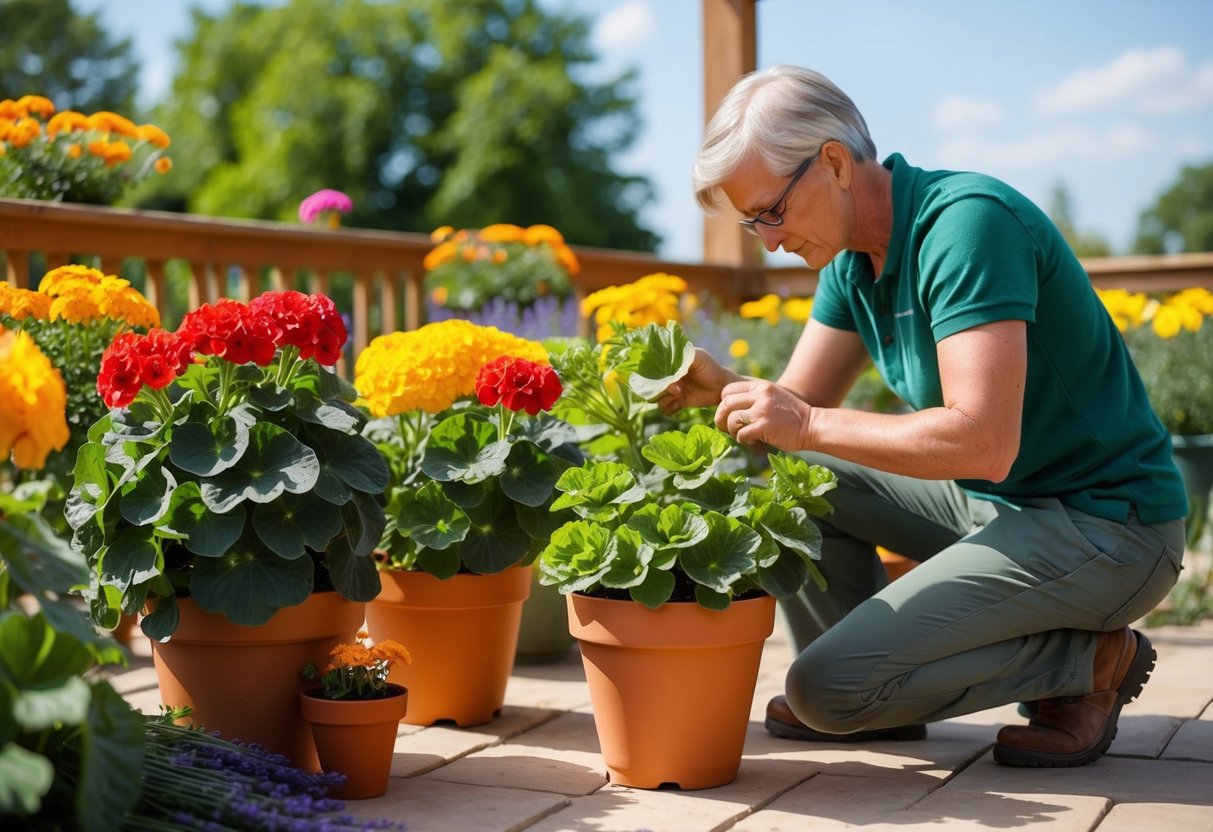 A sunny patio with potted geraniums surrounded by natural pest repellents like marigolds and lavender. A gardener carefully inspects the leaves for signs of disease