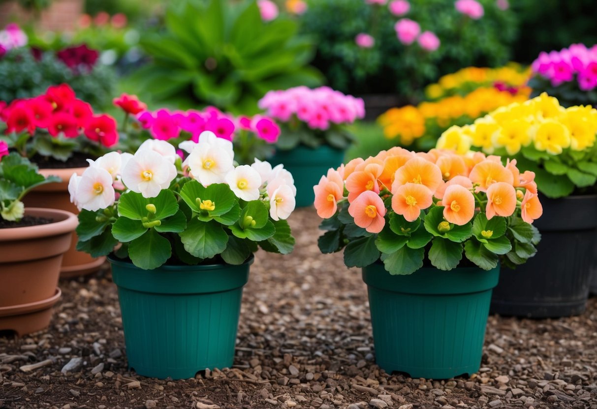 A lush garden with vibrant begonias in both pots and the ground, showcasing their growth and health in each setting