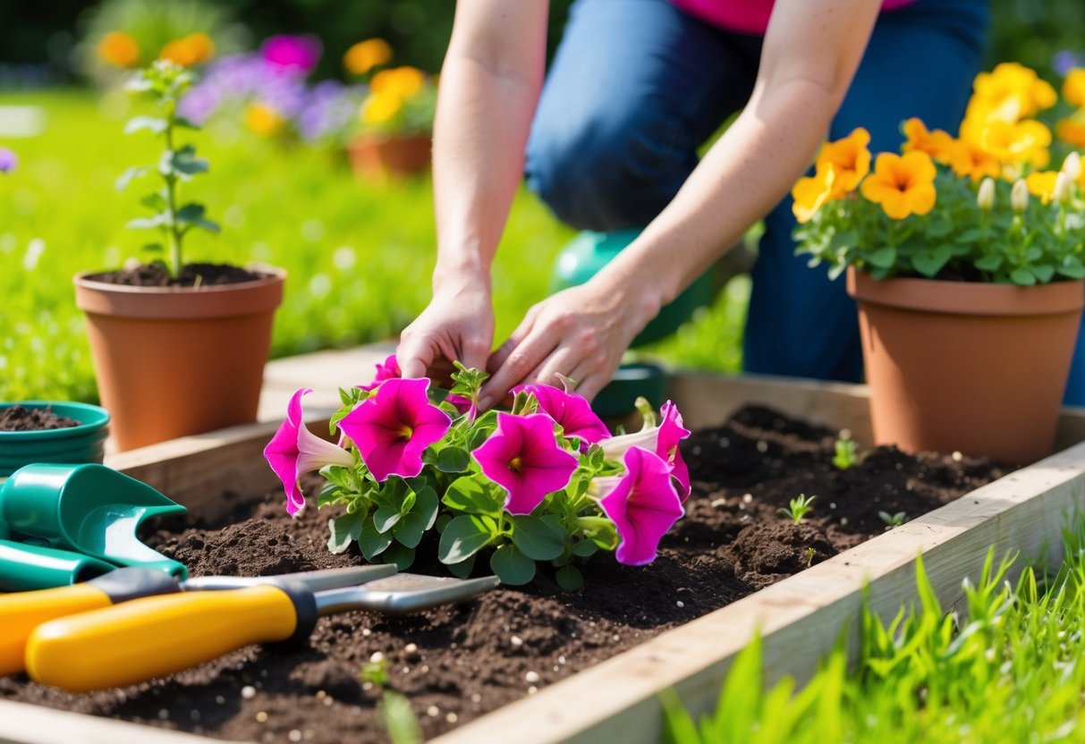 A pair of hands planting vibrant petunias in a sunny garden bed, surrounded by gardening tools and pots of soil