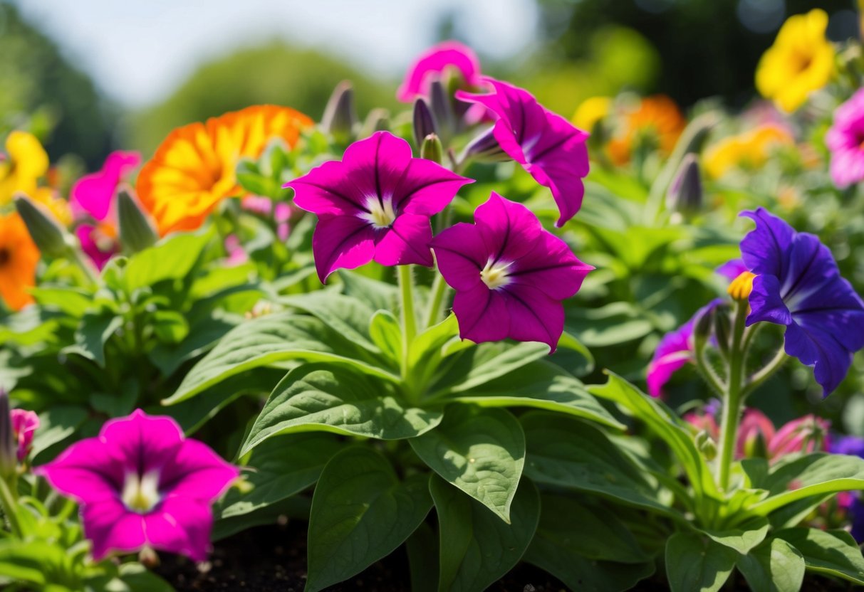 A vibrant petunia plant blooms in a sunlit garden, surrounded by other colorful flowers. The plant shows signs of healthy growth and is thriving in its environment