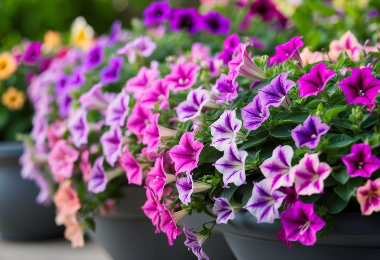 A vibrant array of petunias in full bloom, cascading over a planter, with delicate petals and rich, varied colors