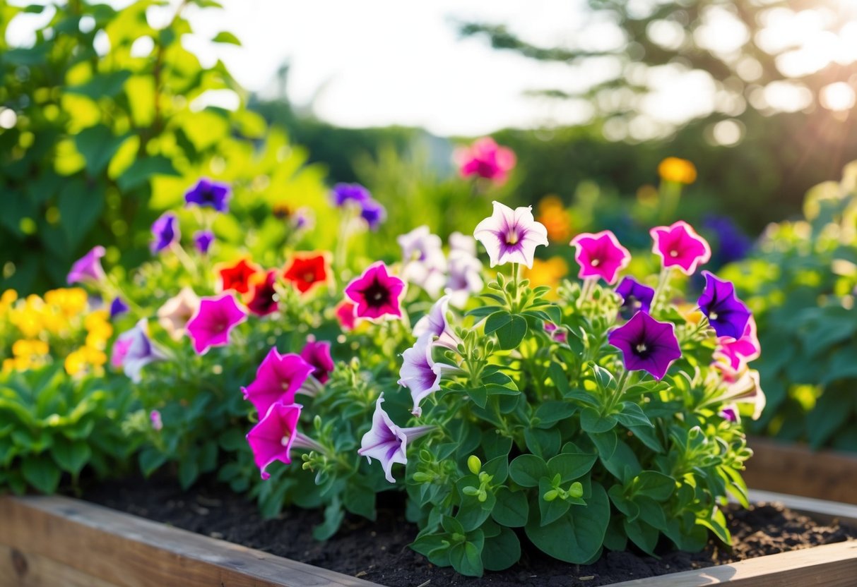 A vibrant garden bed with blooming petunias in various colors, surrounded by lush green foliage and bathed in warm sunlight