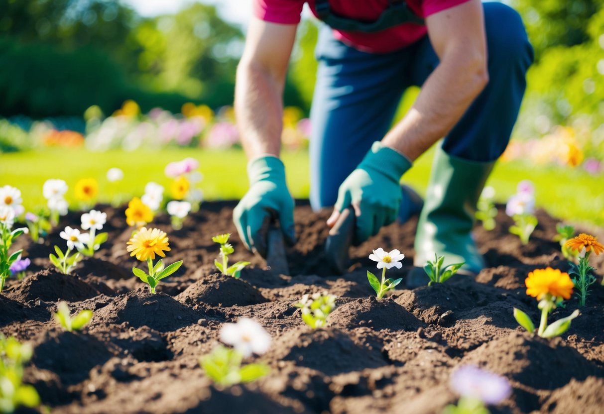 A gardener digs small holes in the soil, carefully spacing them out for planting annual flowers. The sun shines overhead as the gardener works