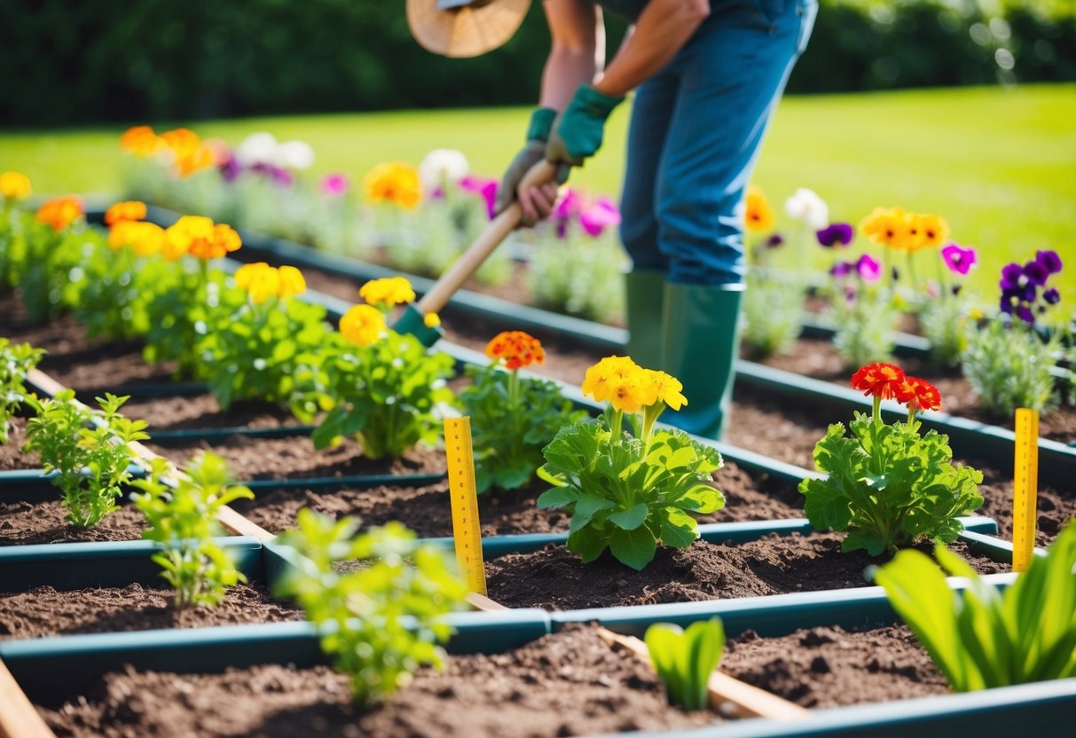 A gardener carefully measures and marks the soil, then plants colorful annuals with precise spacing in a neatly arranged garden bed