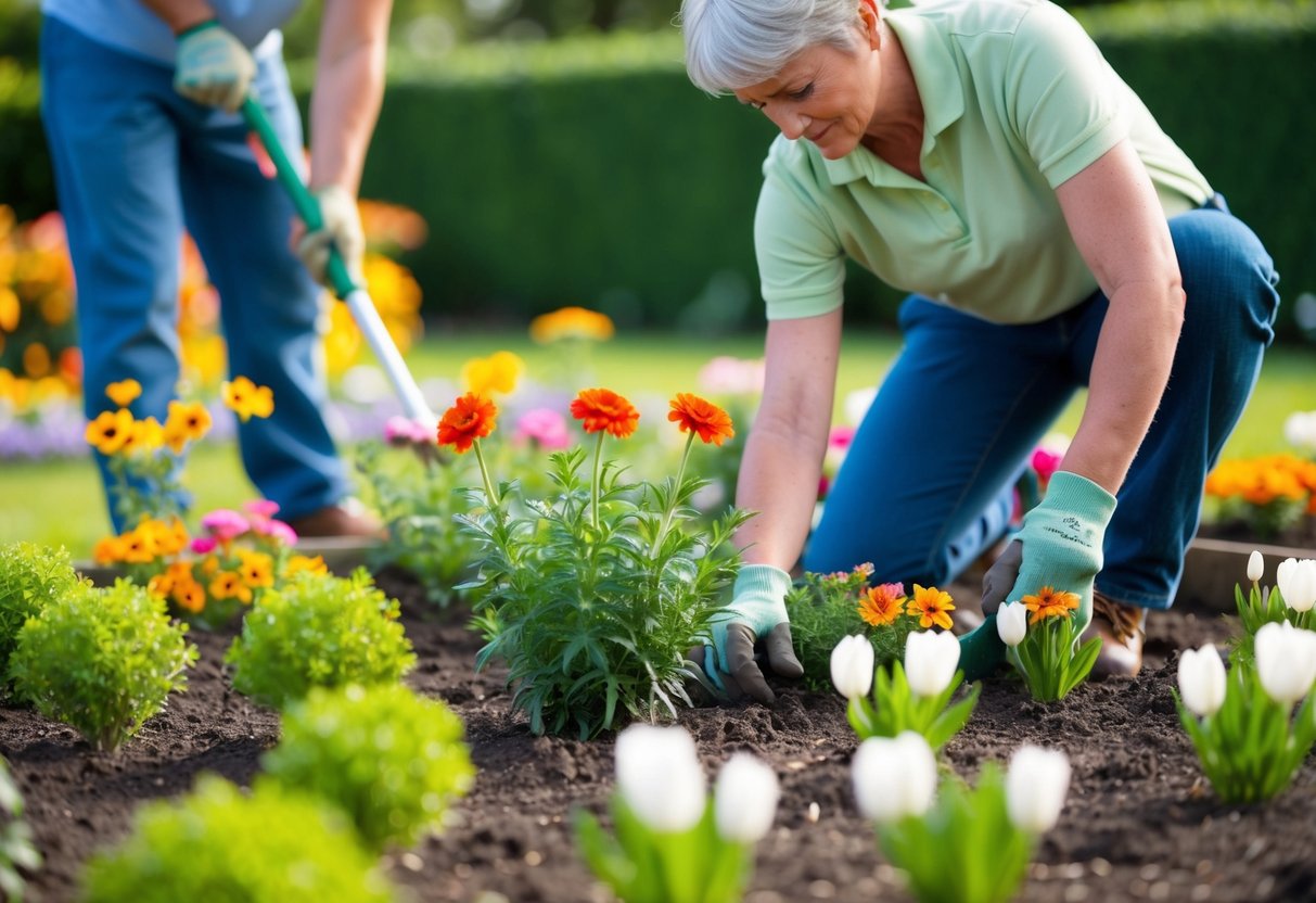 A gardener planting annual flowers in a garden bed, carefully spacing them out for optimal growth throughout the season