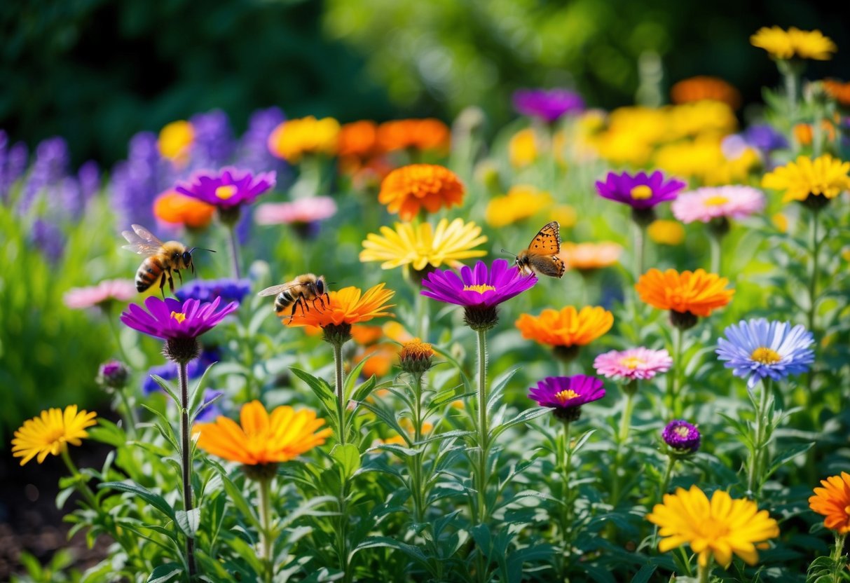 A garden with colorful annual flowers planted in close proximity, attracting bees and butterflies while deterring pests