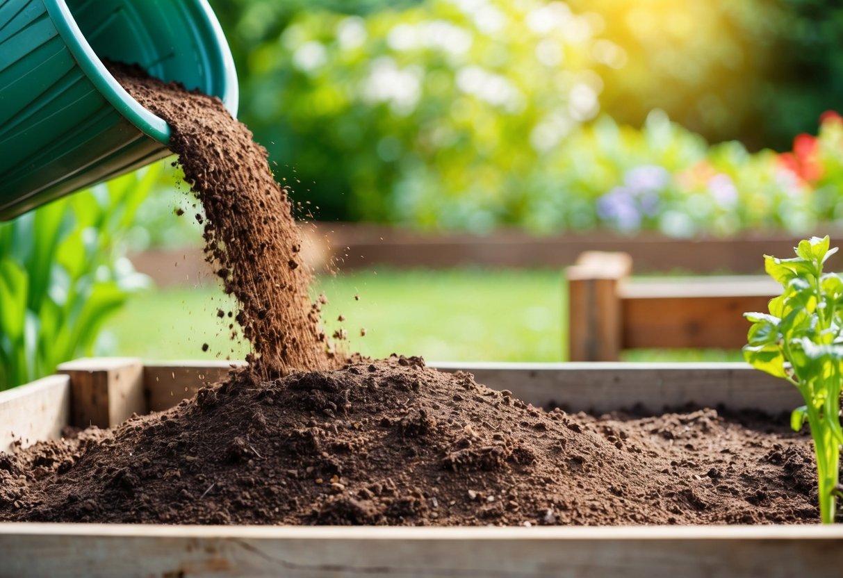 Fresh soil being poured over existing soil in a garden bed