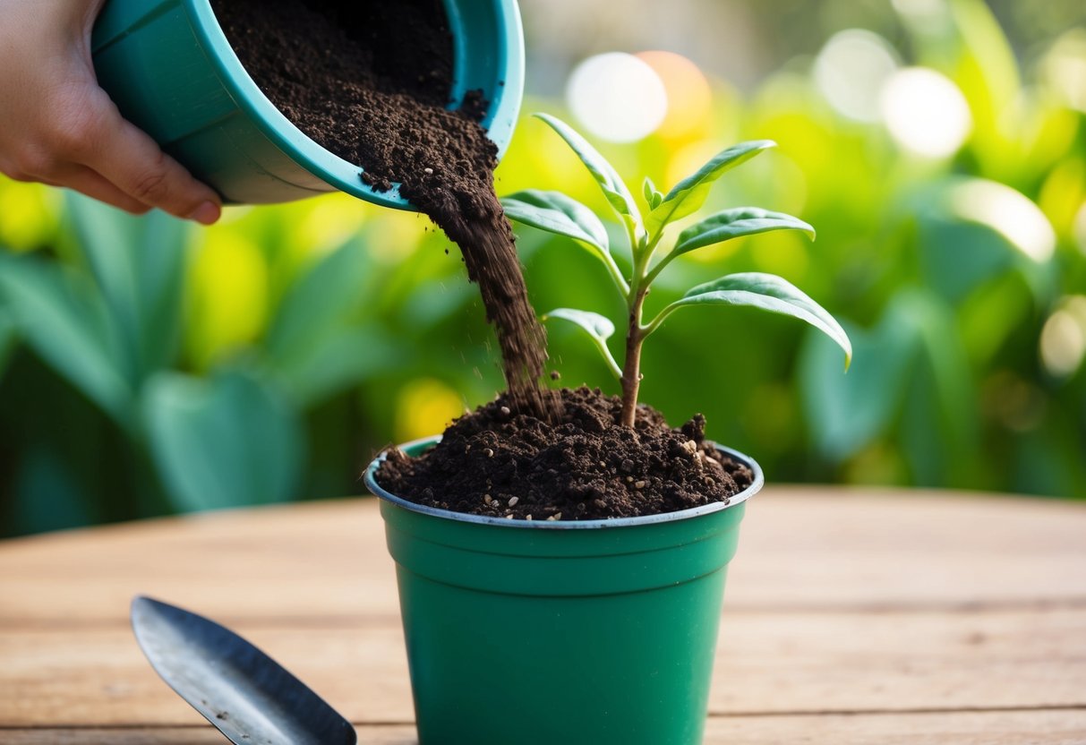 Fresh soil being poured onto existing soil in a potted plant, with a small trowel nearby for mixing