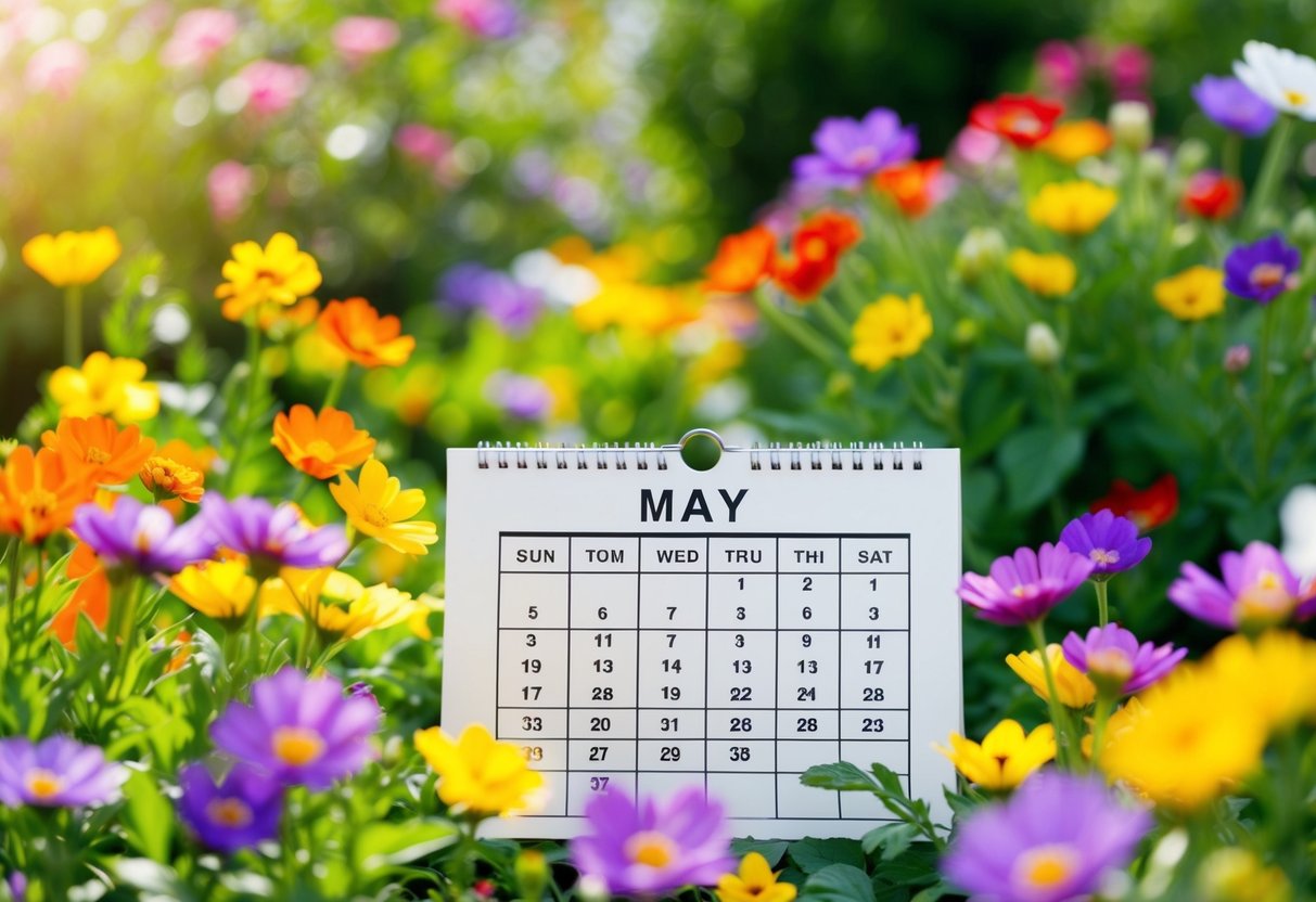 A sunny garden with colorful flowers blooming, surrounded by a calendar showing the month of May