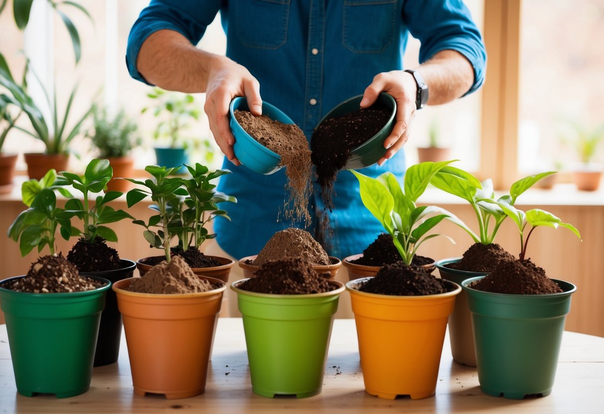 A variety of potted plants arranged on a table, with different types of soil being added on top of the old soil in each pot