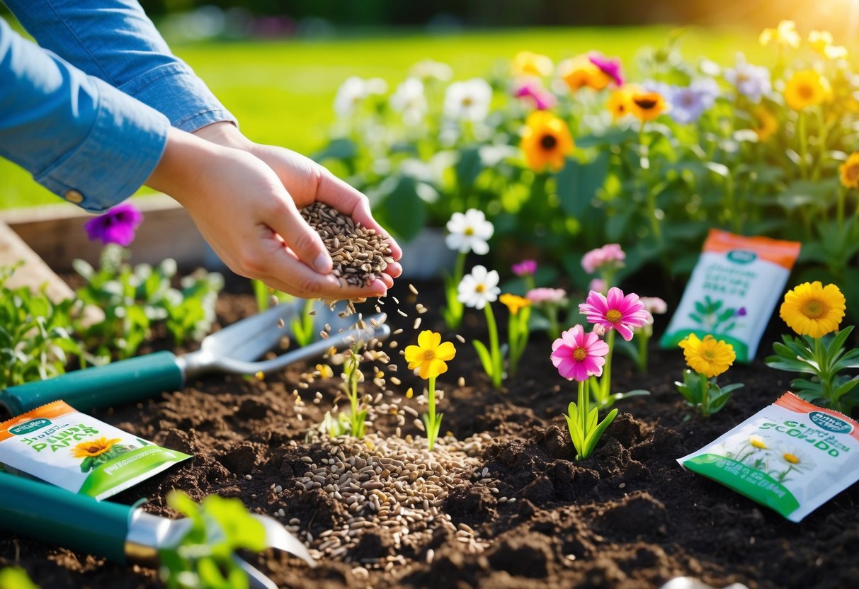 A sunny garden with a variety of flower seeds being scattered into the soil, surrounded by gardening tools and seed packets