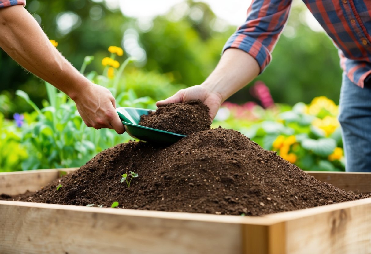 A gardener adding fresh soil on top of existing soil in a raised garden bed