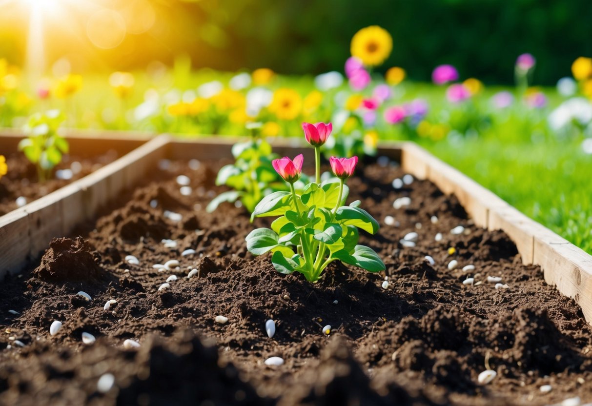 A sunny garden bed with freshly turned soil and scattered flower seeds