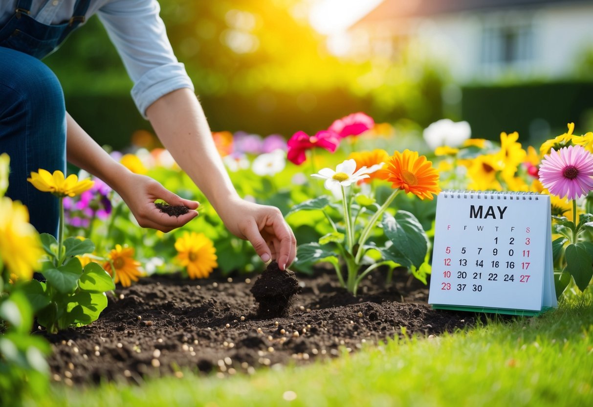 A sunny garden with a variety of flowers in bloom, a person sowing seeds in the soil, and a calendar showing the month of May