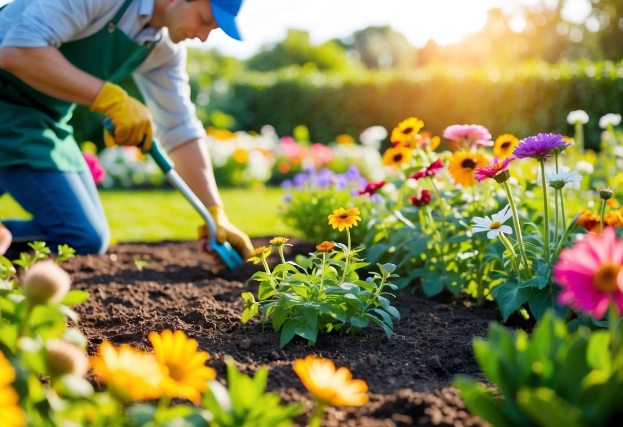 A sunny garden with a variety of flowers in full bloom, a gardener planting seeds in the soil