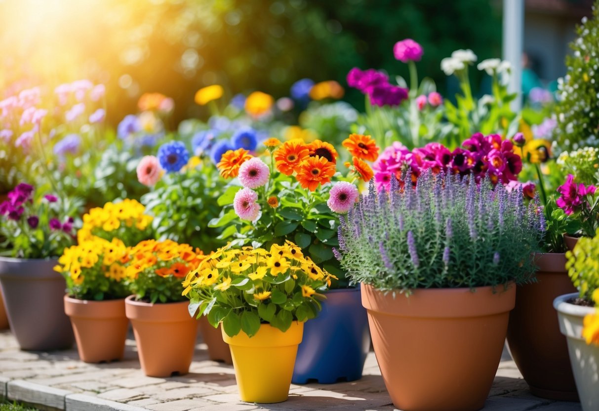 A colorful array of low-maintenance potted flowers in various sizes and shapes, thriving in a sunny garden setting