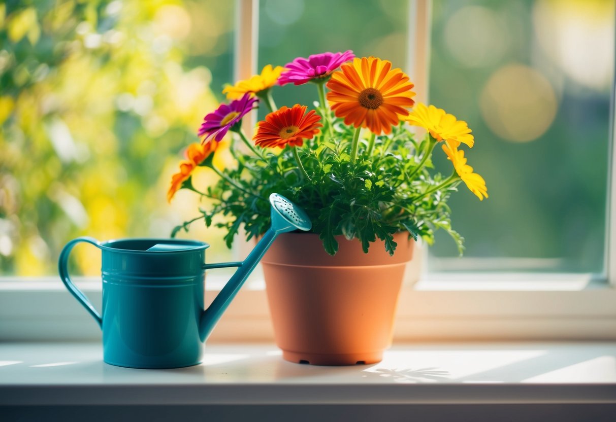 A colorful potted flower, like a vibrant daisy or cheerful marigold, thriving in a sunny window with a small watering can nearby