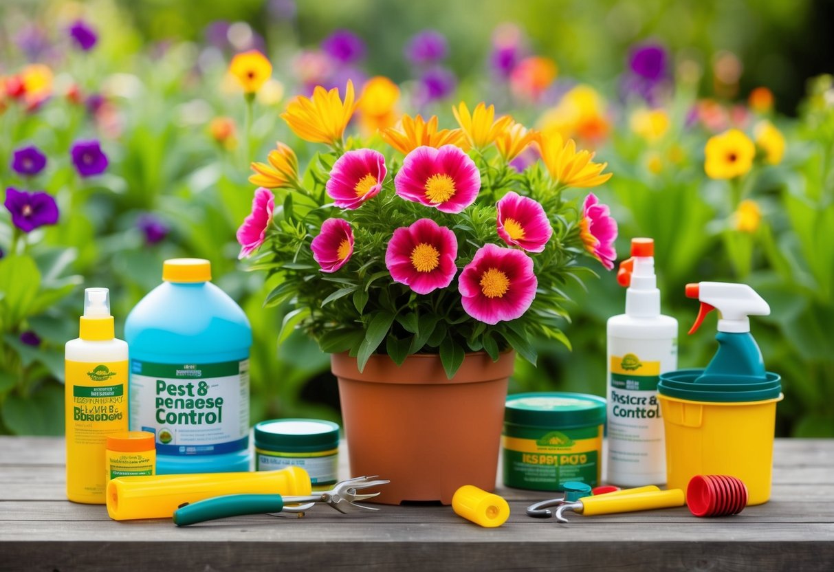 A healthy potted flower with vibrant blooms, surrounded by a variety of pest and disease control products and tools