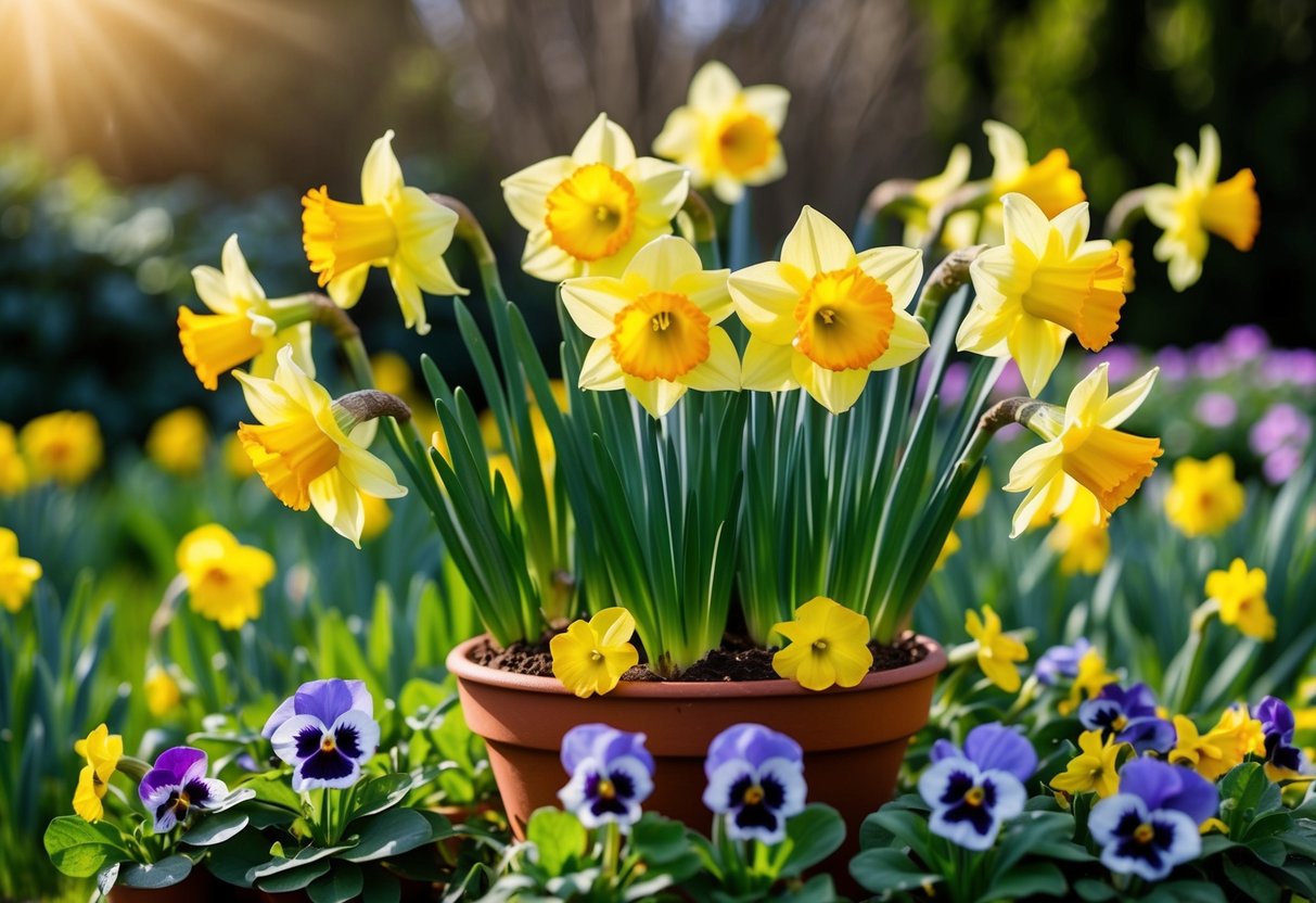 A vibrant, flourishing pot of daffodils, their yellow petals reaching towards the sun, nestled among lush green foliage and surrounded by smaller, delicate pansies