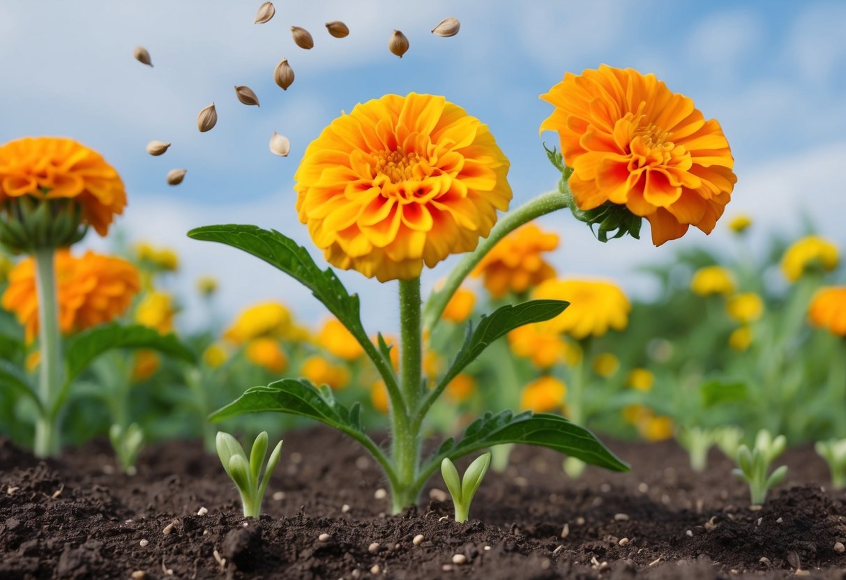 A vibrant marigold plant blooms, withering flowers dropping seeds onto the soil below. New seedlings sprout, continuing the life cycle