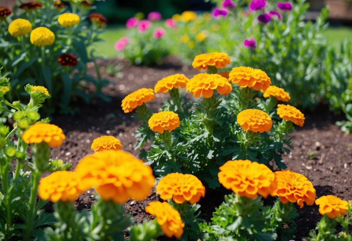 A sunny garden with rich, well-drained soil and ample water. Marigolds bloom in vibrant colors, surrounded by other thriving plants