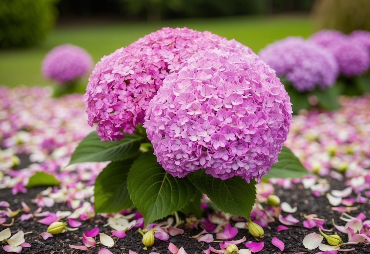 A blooming hydrangea bush surrounded by fallen petals and new buds