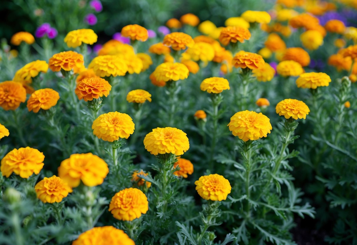 A lush garden filled with vibrant marigold flowers blooming year after year, showcasing the benefits of growing these resilient plants