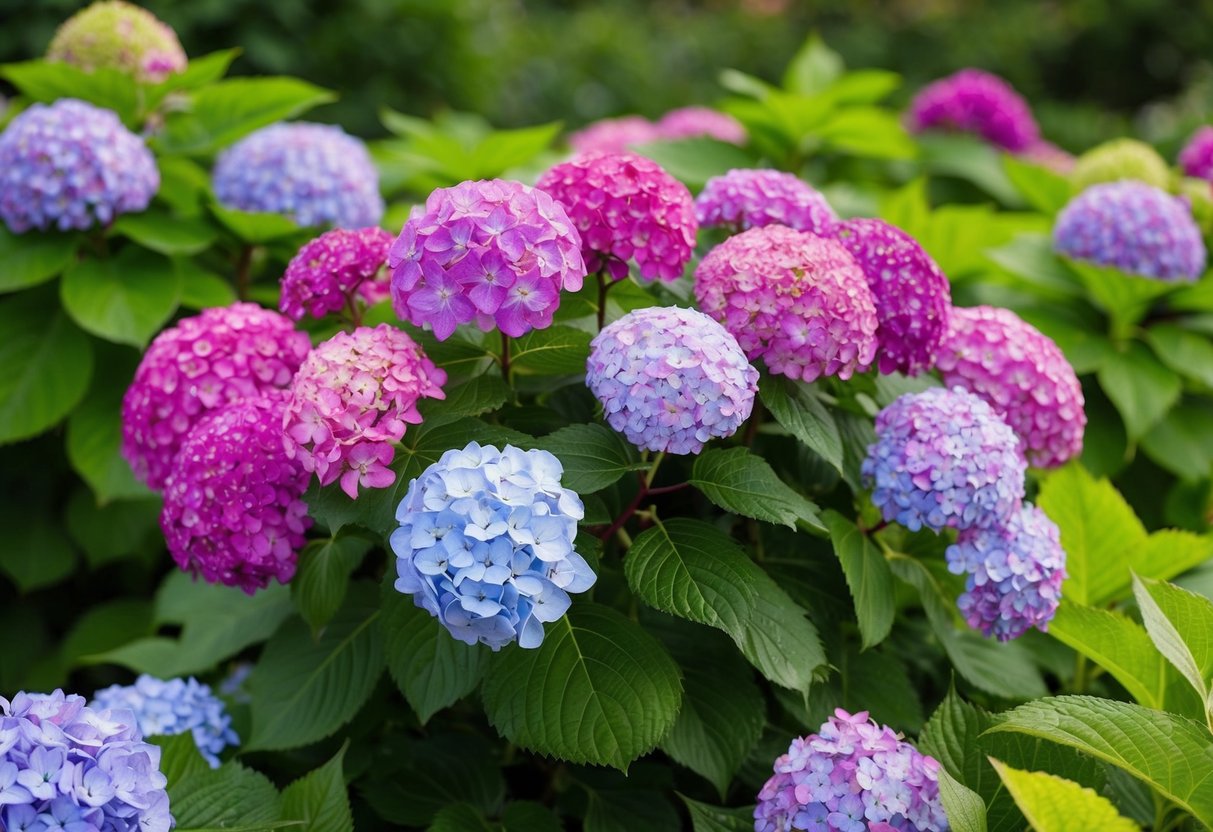 A blooming hydrangea bush surrounded by lush green foliage, with vibrant, colorful flowers in various stages of bloom