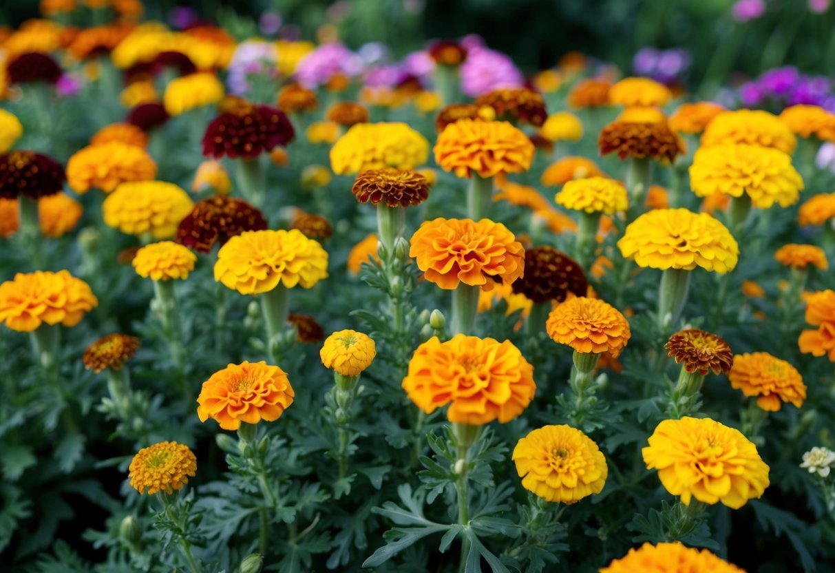 A garden filled with vibrant marigold flowers of different sizes and colors, showcasing their unique characteristics and beauty