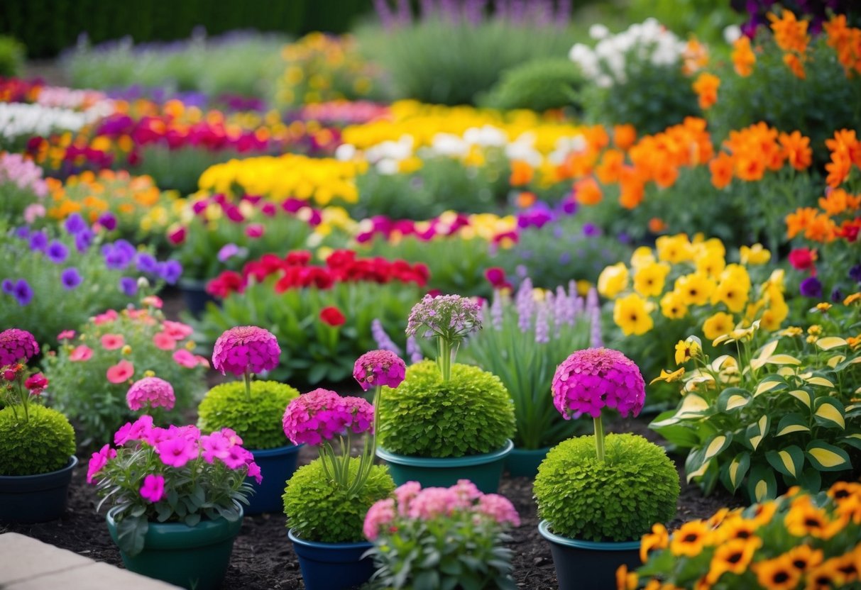 A colorful array of blooming bedding plants in various shapes and sizes, showcasing their vibrant, long-lasting flowers in a garden setting